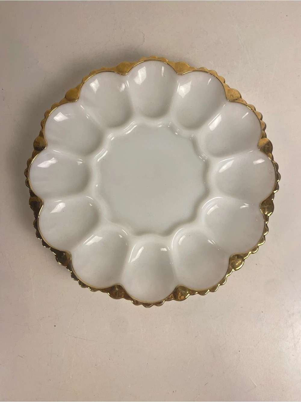 Vintage Anchor Hocking Milk Glass Deviled Egg Plate With Gold Trim